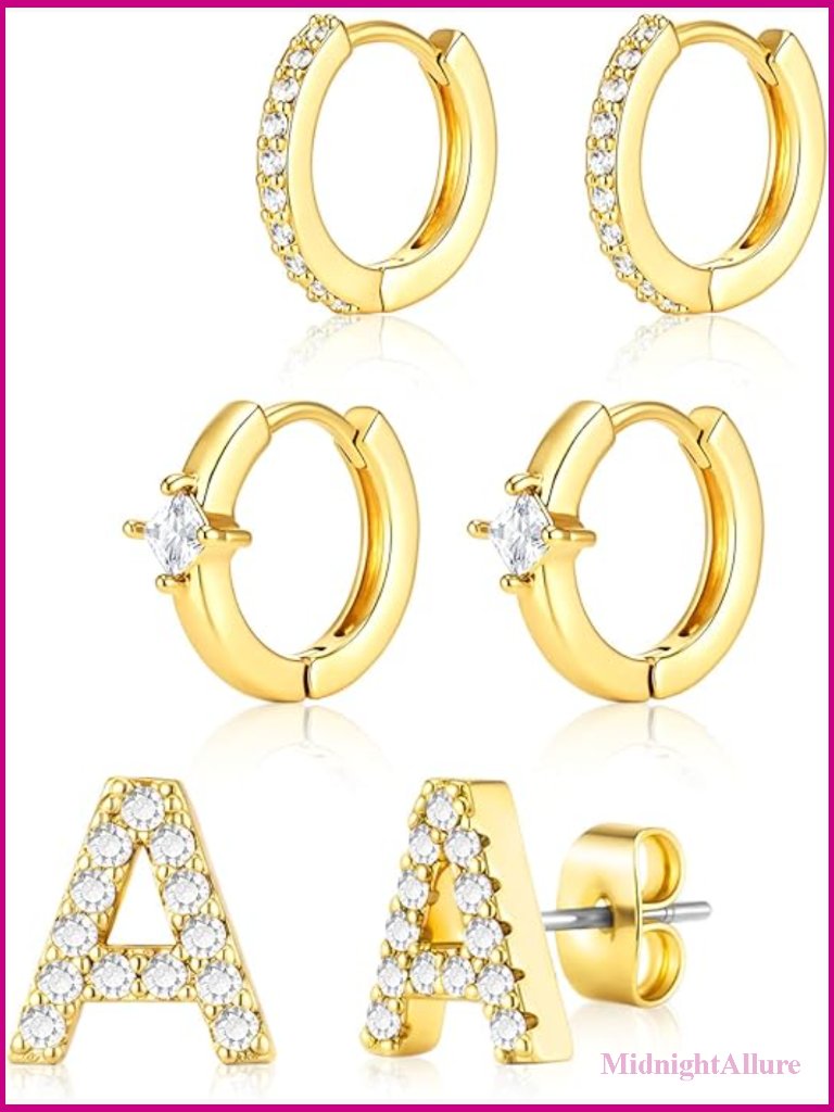 3 Pair Hoop & Initial Earrings Set Huggie Cz Studs Hypoallergenic Lightweight